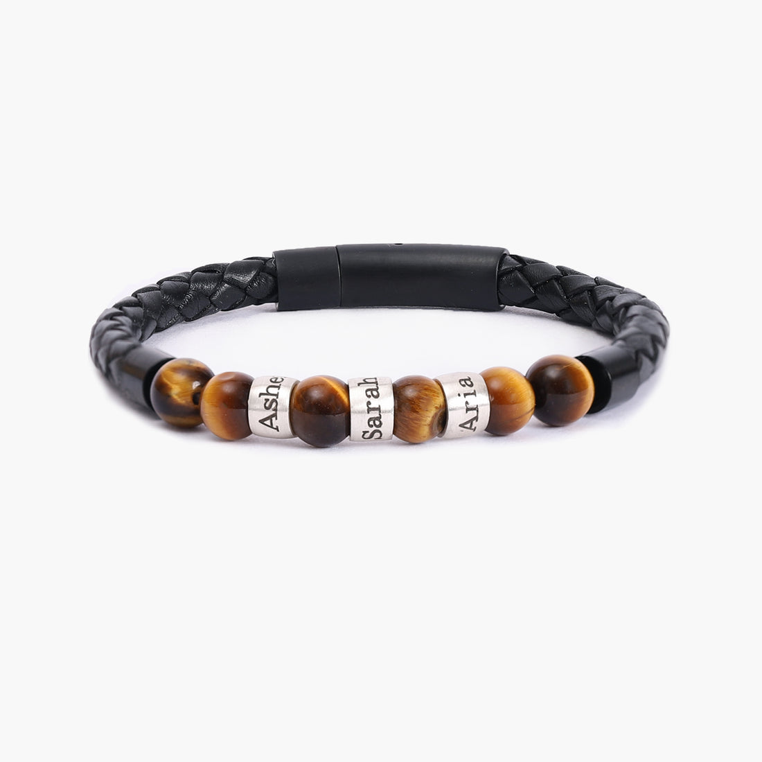 Men's Tiger Eye & Leather Bracelet with Personalized Sterling Silver Charms