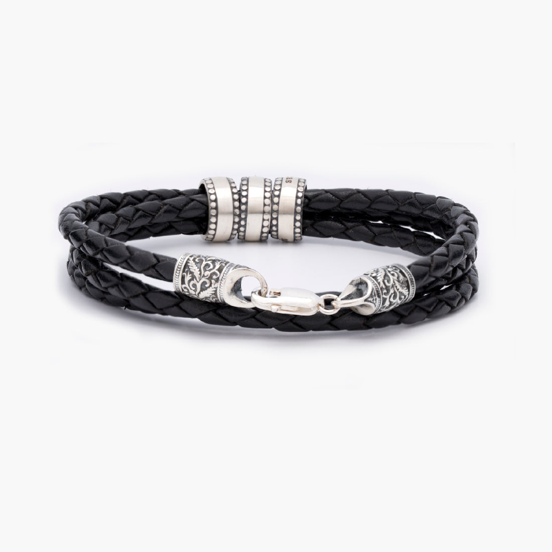 Custom Engraved Silver Charm on Men's Triple Layer Bolo Bracelet