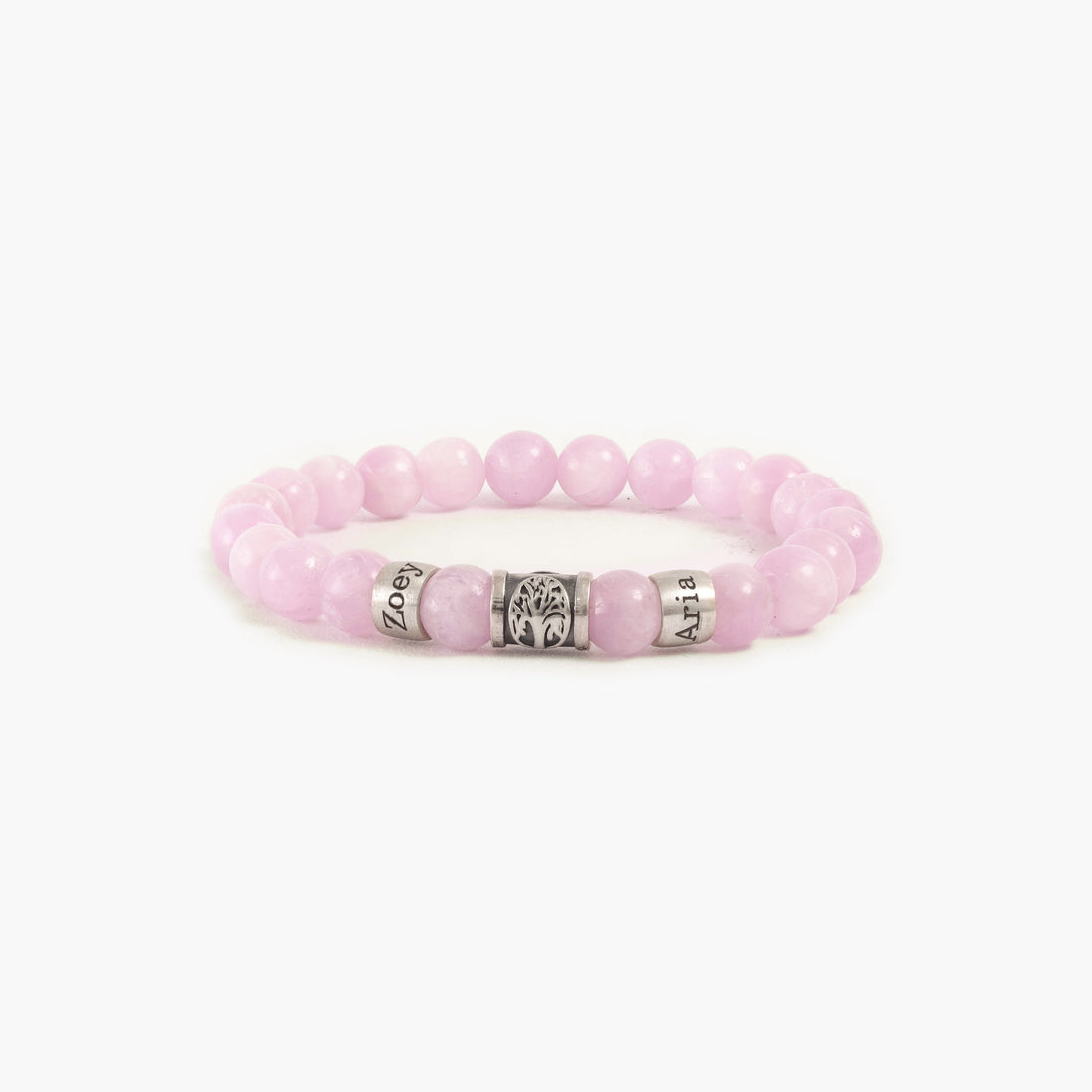 Personalized pink quartz bracelet with family tree symbol, perfect for gifting to family members this Christmas
