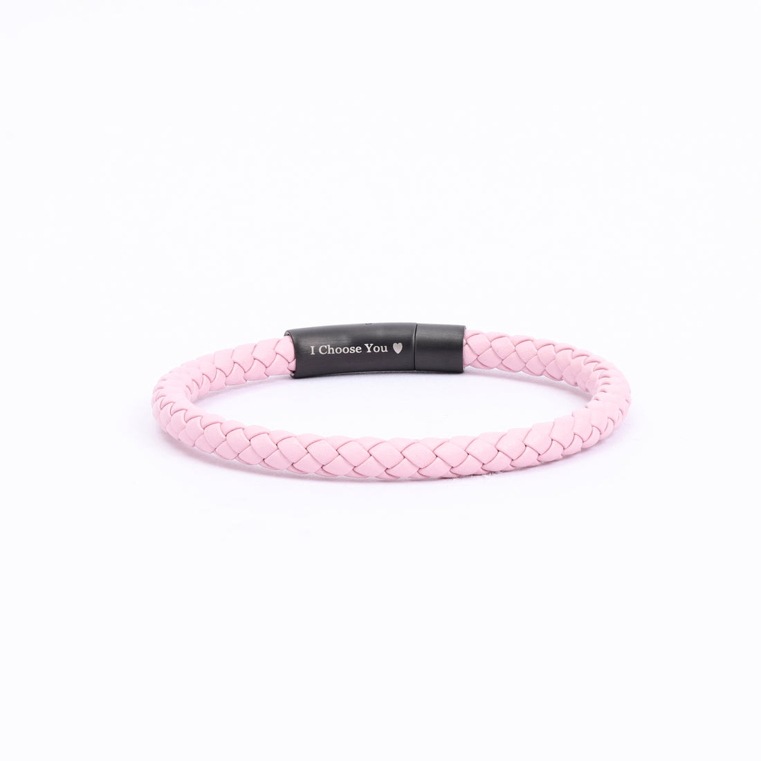 Elegant pink leather bracelet for women with custom engraving option on clasp, displayed on a minimalist background