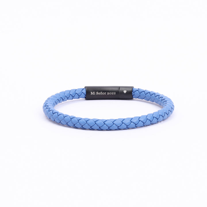 Light Blue Braided Leather Bracelet with Hidden Engraved Message