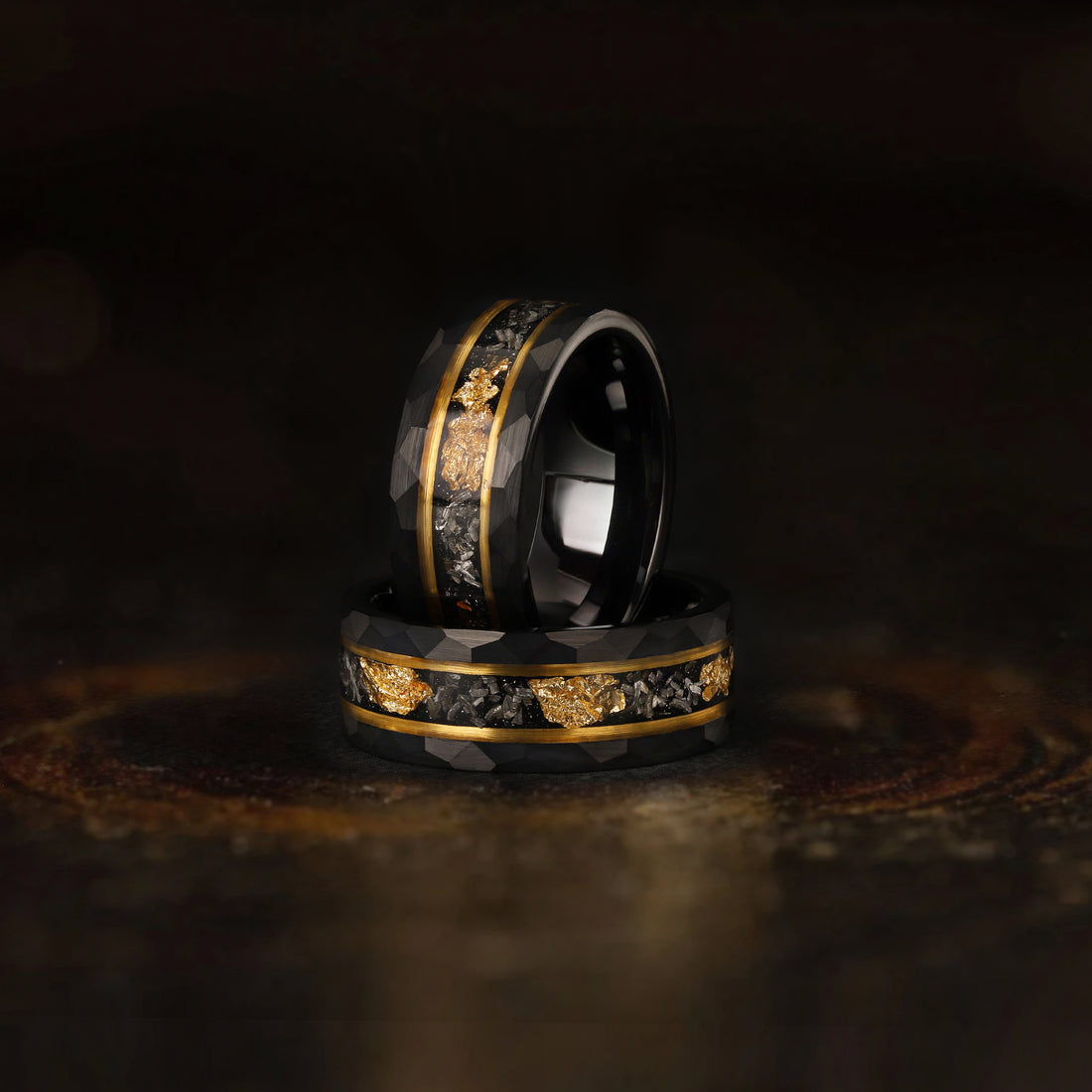 Hammered Gold Leaf and Meteorite Men's Ring – Unique Tungsten Wedding Band