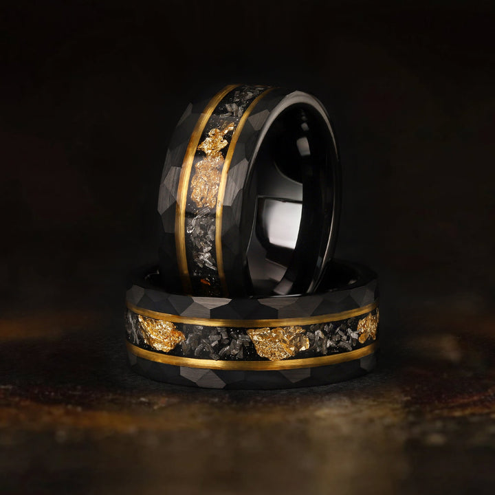 Gold and Meteorite Inlay Ring for Men – Wedding Band with Custom Engraving