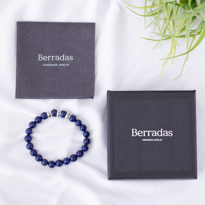 Gift packaging box for Personalized lapis lazuli bracelet with family name details.