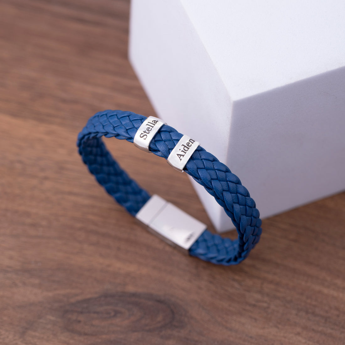 personalized bracelet with custom names in blue leather