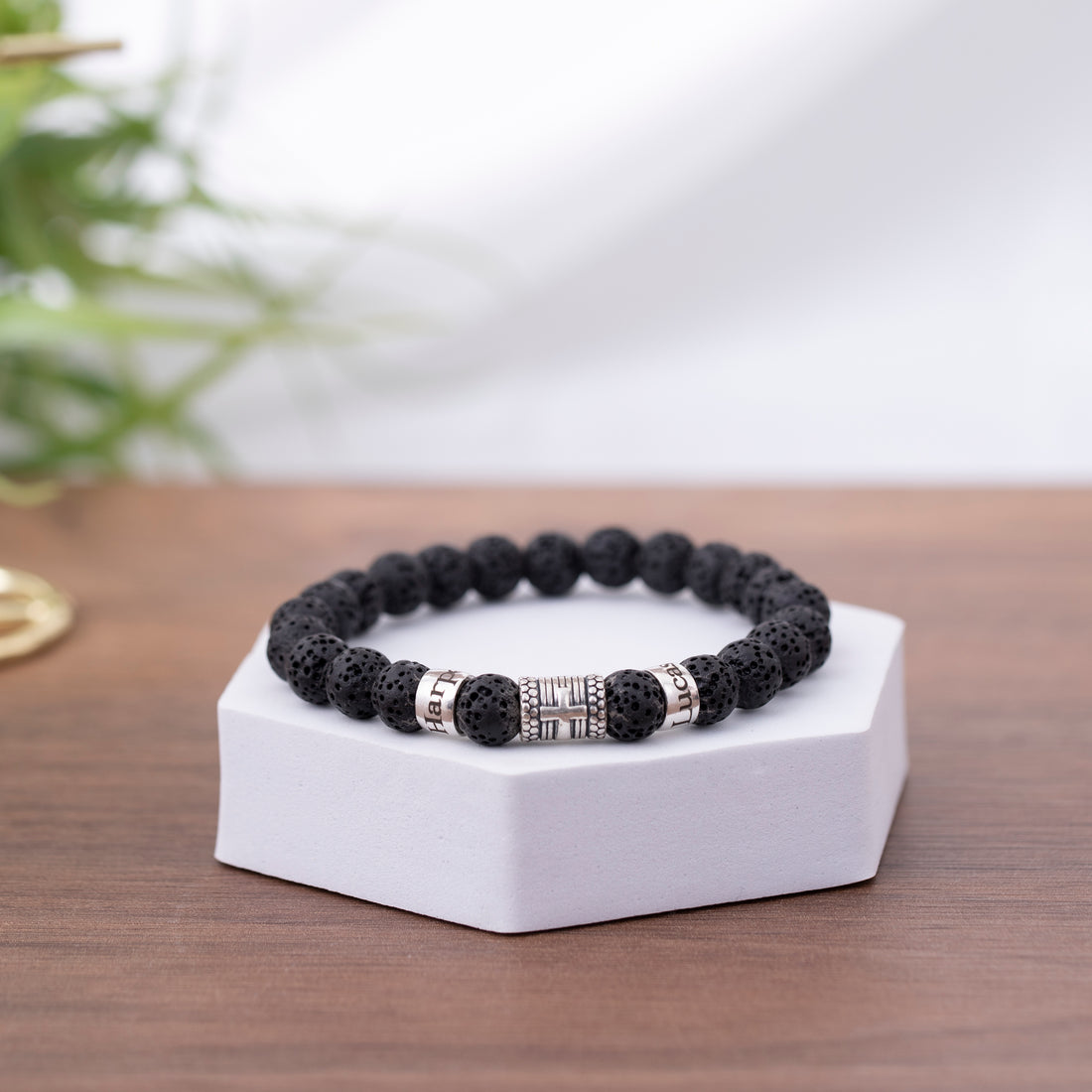 Personalized Name Engraved Lava Bead Bracelet with Cross