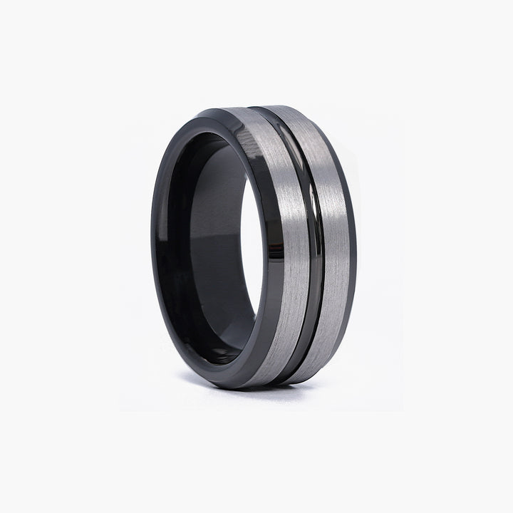 Customizable men's wedding band in gray tungsten, accented with a unique black center stripe for a modern look.