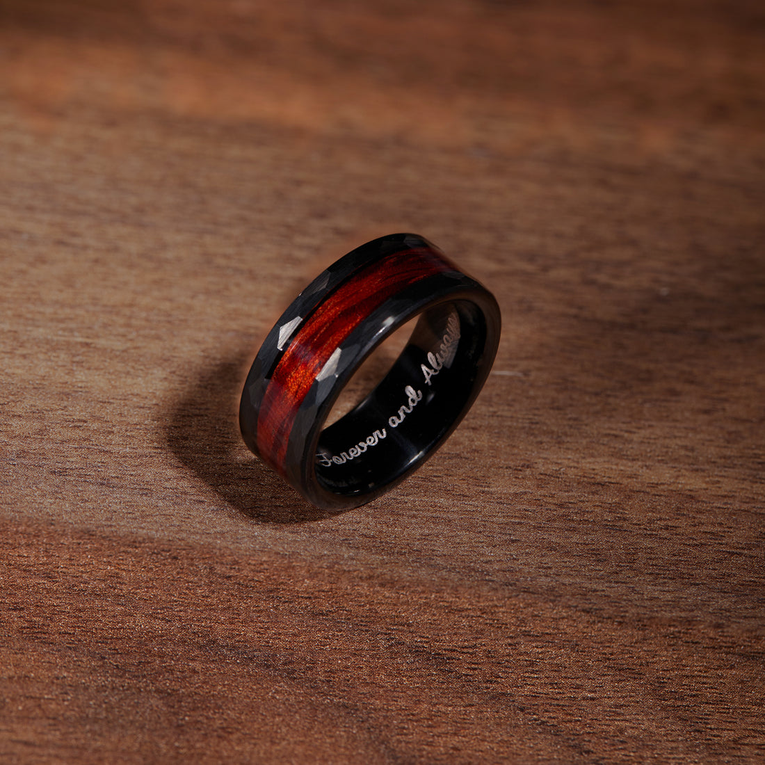 8mm black hammered tungsten carbide ring, highlighted by a beautiful walnut wood inlay, for a sophisticated men's look