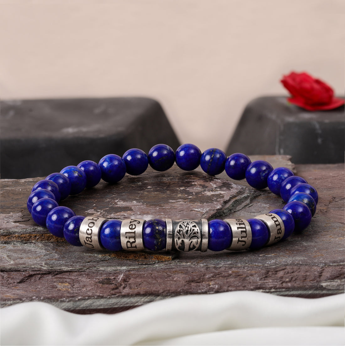 Custom engraved lapis lazuli bracelet with family names and tree charm, personalized men’s gift for dad or husband