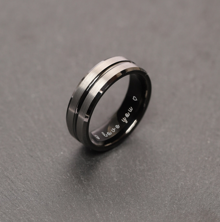 Personalized Tungsten Wedding Band for Men – Gray Ring with Center Stripe