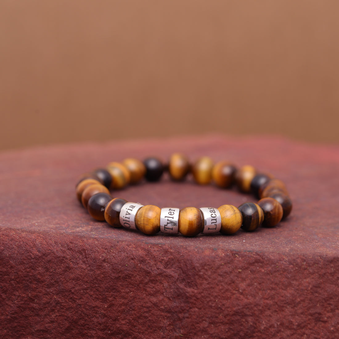 Tiger Eye Beads Bracelet with Personalized Name Engravings - Elegant and Unique.