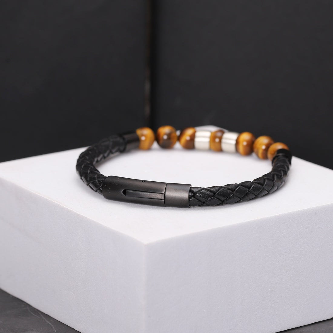 Stylish men's leather and tiger eye bead bracelet with personalized sterling silver middle charms