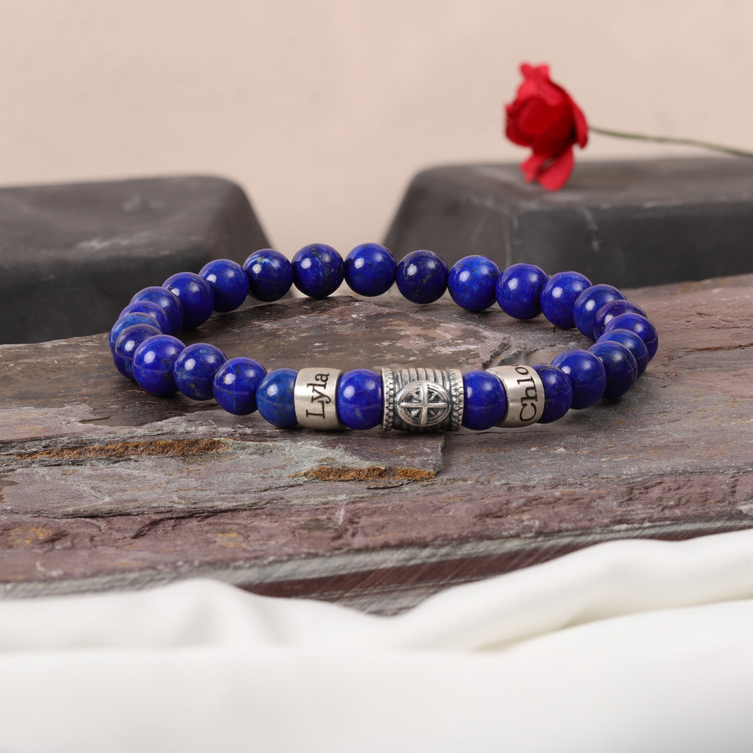 Gift for dad: lapis lazuli beads bracelet with a compass symbol, representing guidance and direction